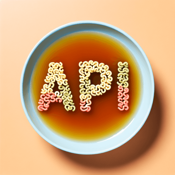 Um prato de sopa em que os macarrões formam a palavra API