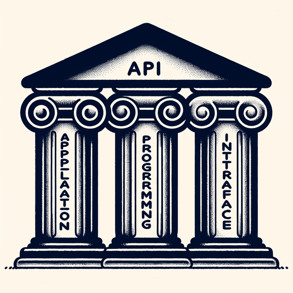 Imagem representando uma construção grega em que as palavras "Application
Programming Interface" estão escritas em três colunas para dar uma ideia de que
cada palavra do termo "API" deve ser considerada de forma equivalente no
entendimento dessa tecnologia