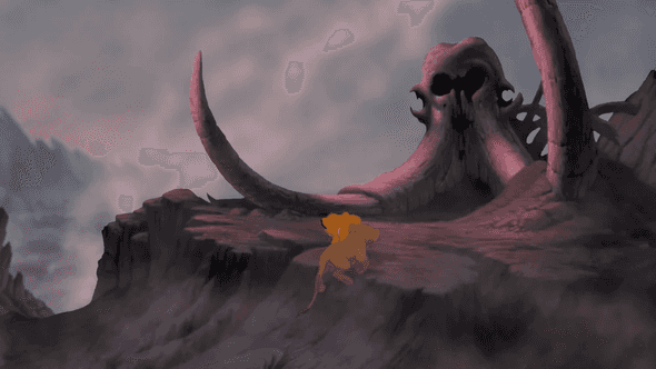 Simba encontrando o sombrio cemitério de elefantes - O Rei Leão da Disney